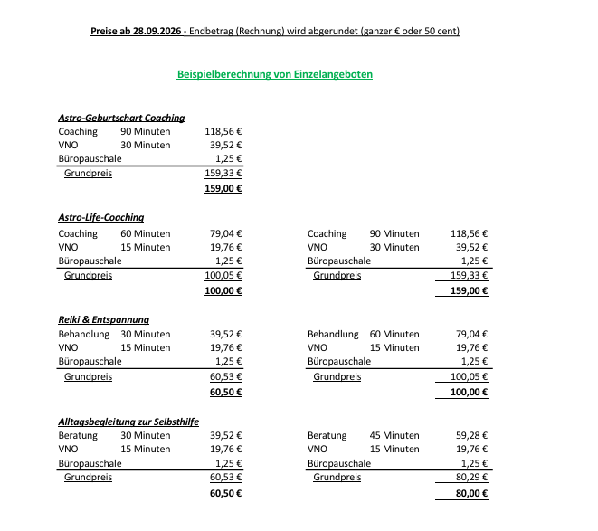 Preisliste Selbstzahler Bsp. Einzeltermine ab 28.09.2026