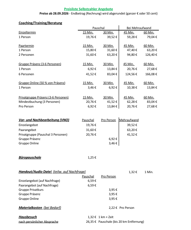 Preisliste Selbstzahler ab 28.09.2026